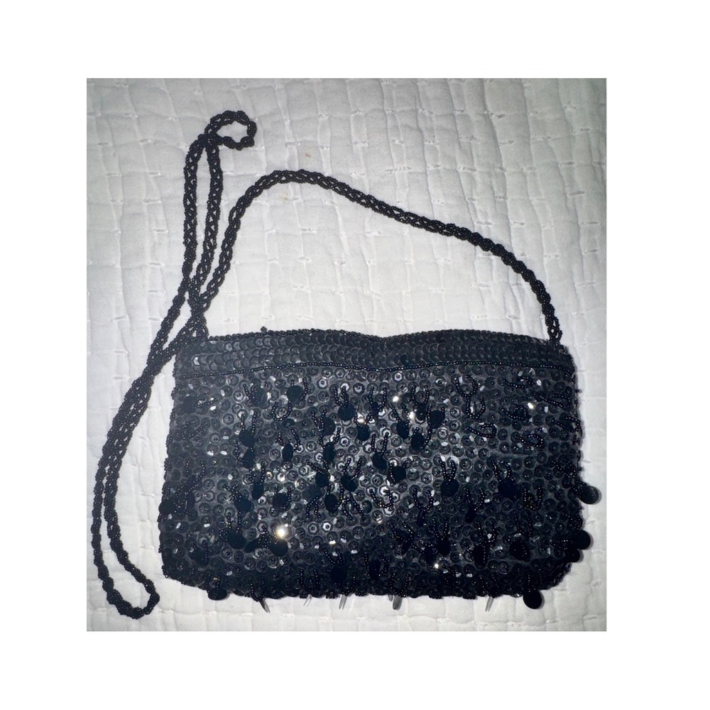 Magid Vintage Black Sequin Beaded Evening Bag Crossbody Clutch Hand Made Macau